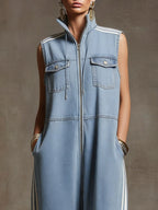 Casual Retro White Ribbon Light Blue Denim Sleeveless Jumpsuit