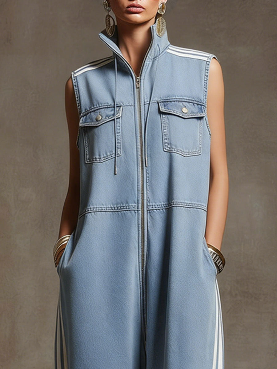 Casual Retro White Ribbon Light Blue Denim Sleeveless Jumpsuit