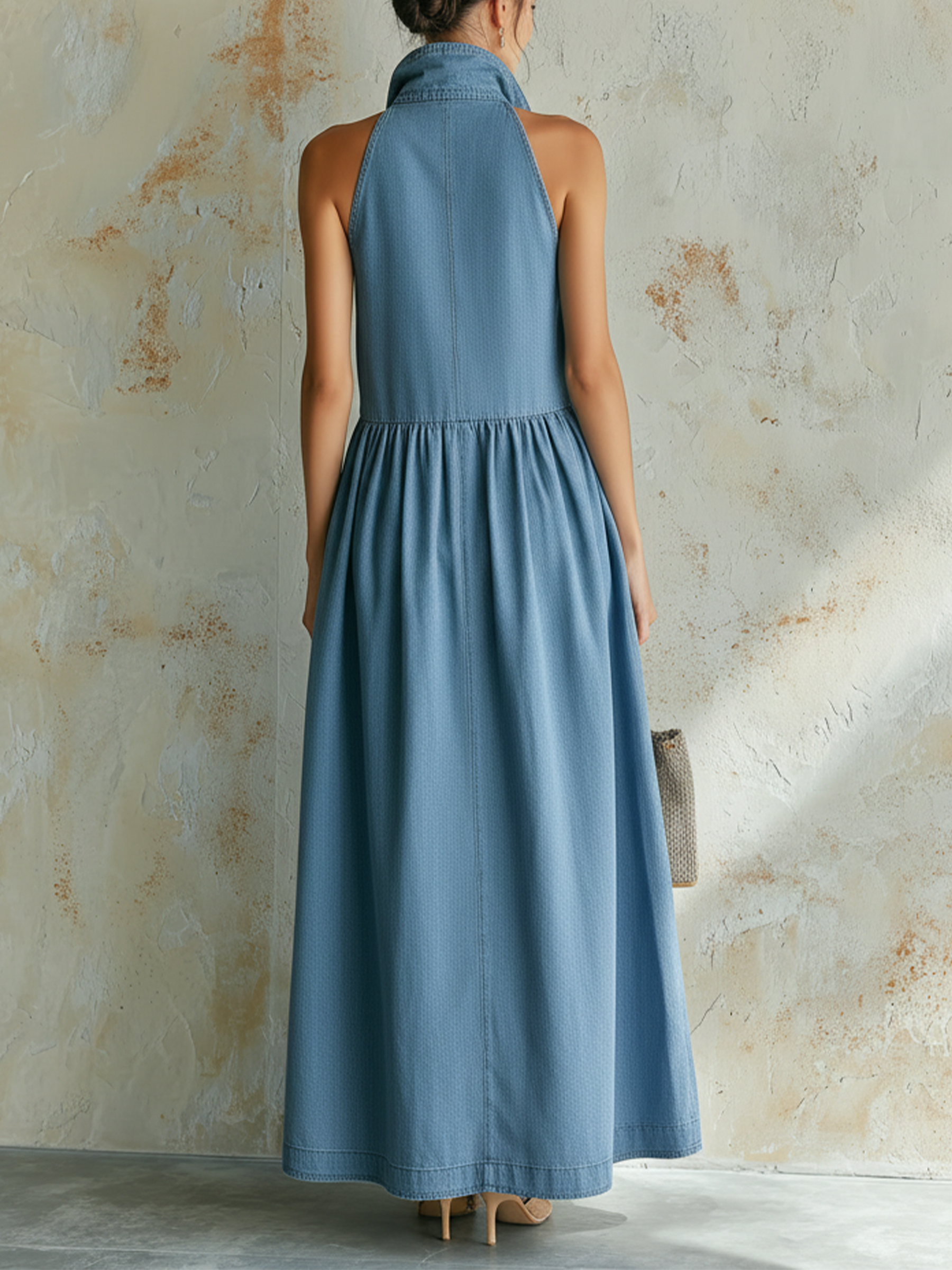 Light Blue Denim Sleeveless Button-Down Maxi Dress