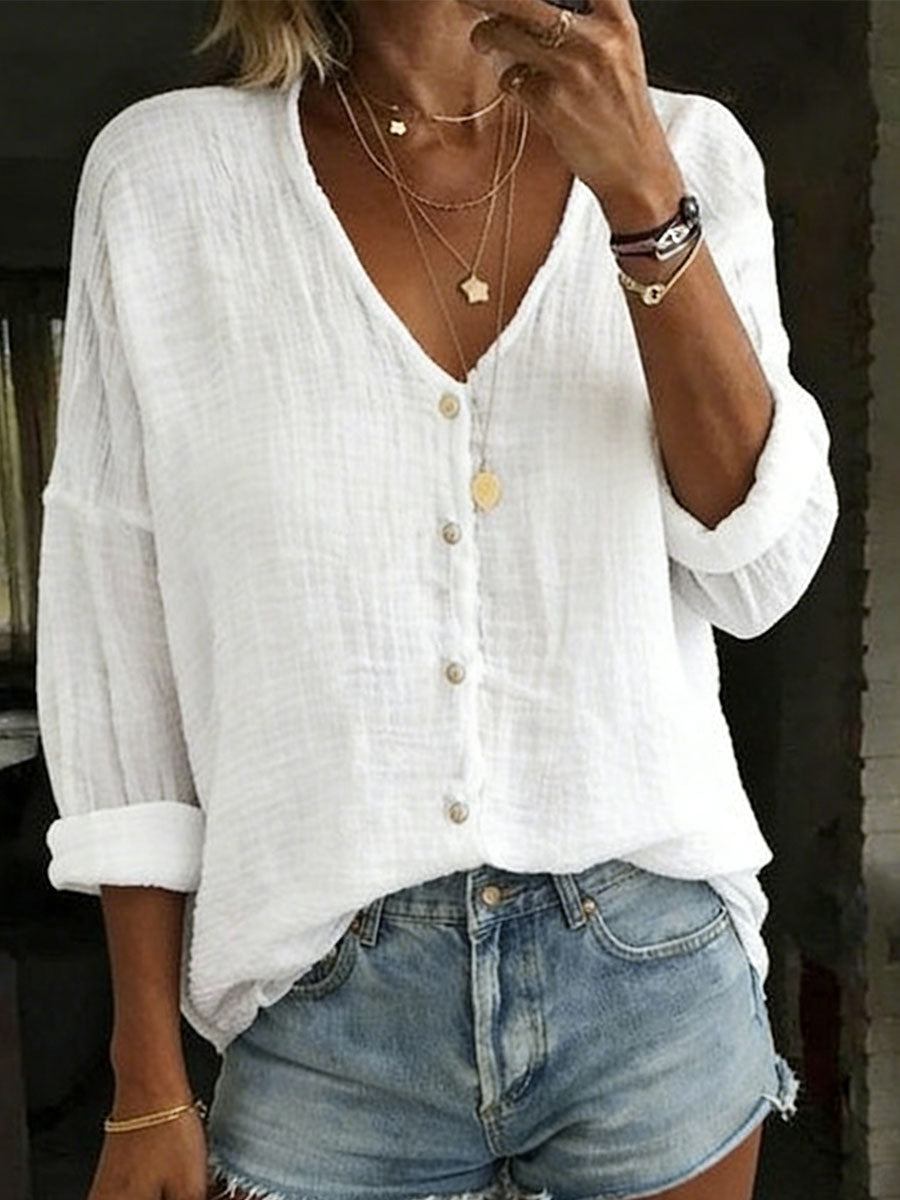 Women's Cotton Linen Loose Solid Color Long-sleeved Shirt