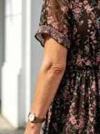 Dark Floral Mesh Tiered Midi Dress, Tie Neck Short Sleeve Elastic Waist Loose Tummy Concealing Dress for Plus Size Mature Women