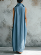 Light Wash Sleeveless Denim Maxi Dress | Collared Henley Casual Dress