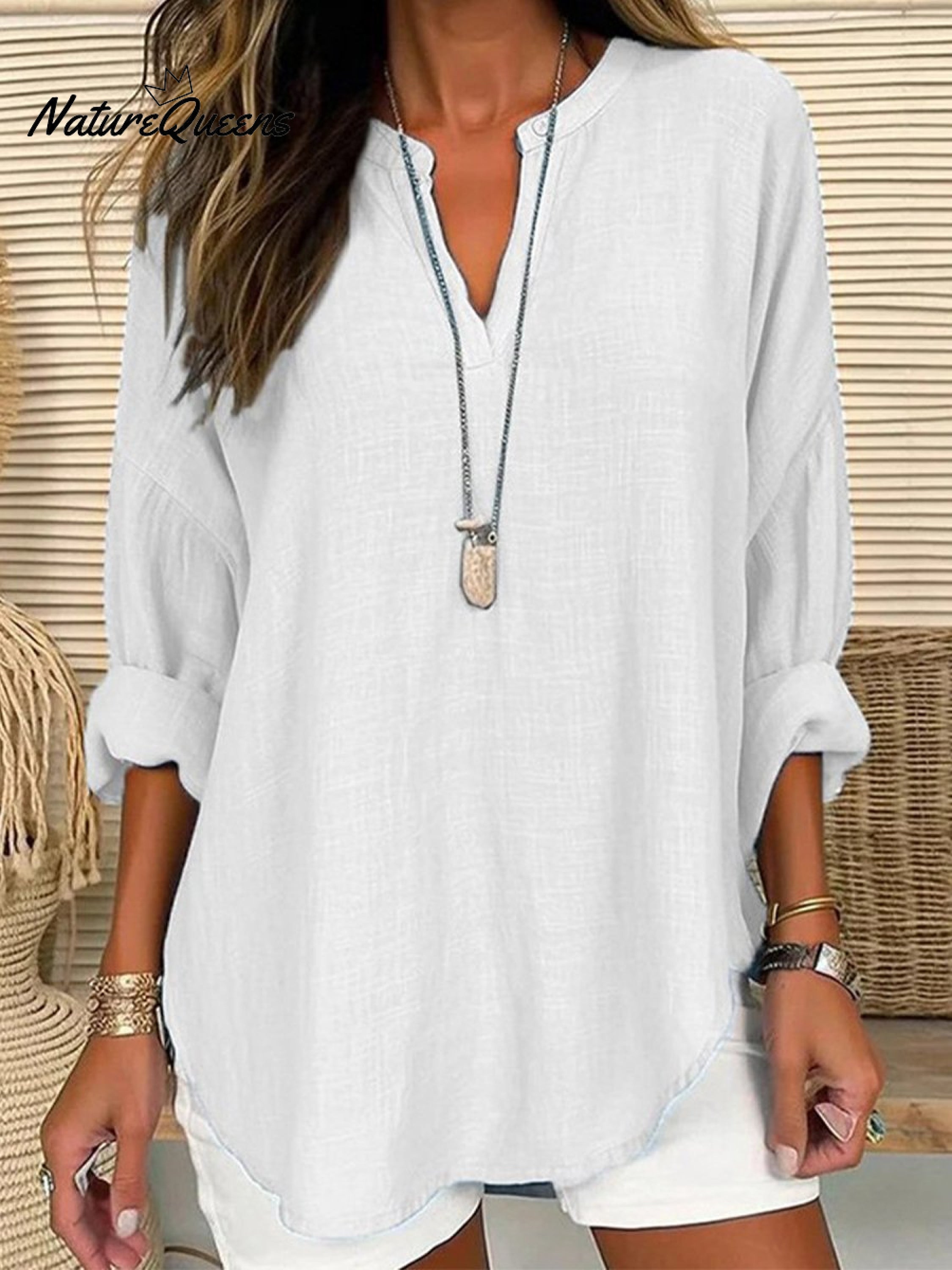 Quality Commuter Solid Color V-neck Cotton Linen Pure Shirt
