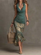 Bohemian Cowl Neck Ruched Midi Dress In Teal Beige Floral