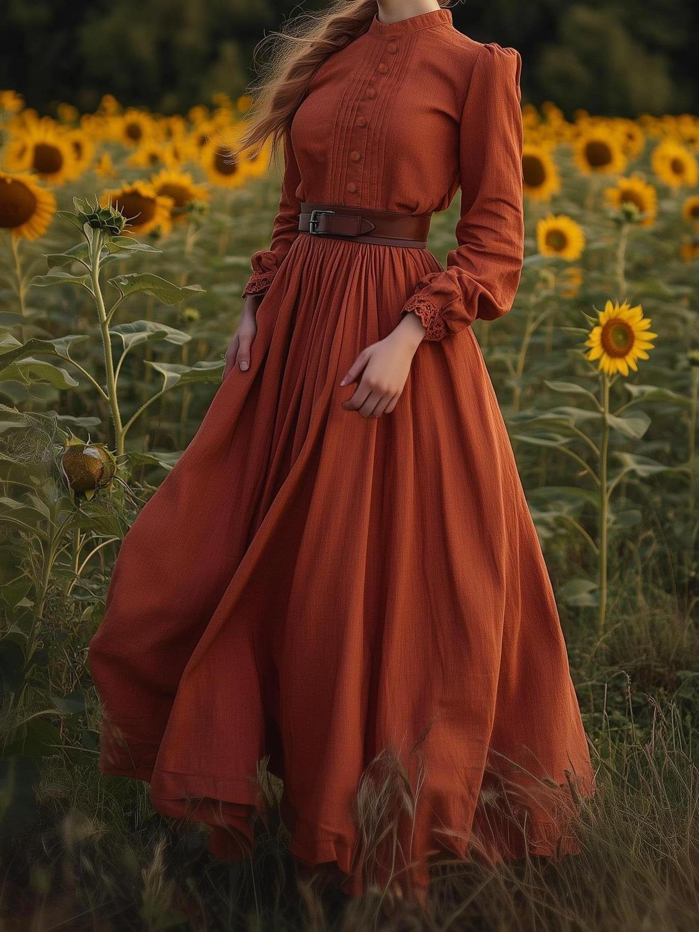 Maxi Linen Dress, Long Sleeves, Stand Collar, Shirt Dress, Linen Blend, Orange