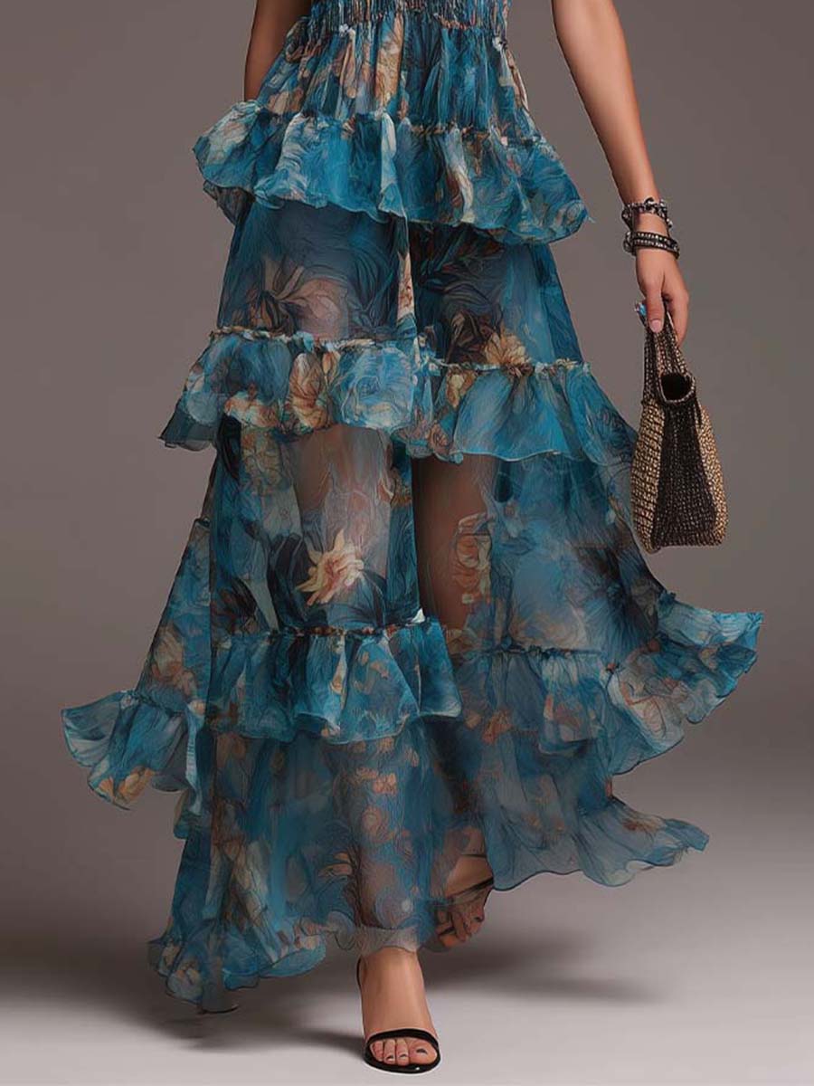 Bohemian Tiered Chiffon Floral Maxi Dress