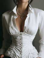 Chic White Ruched Button-Down Corset Blouse