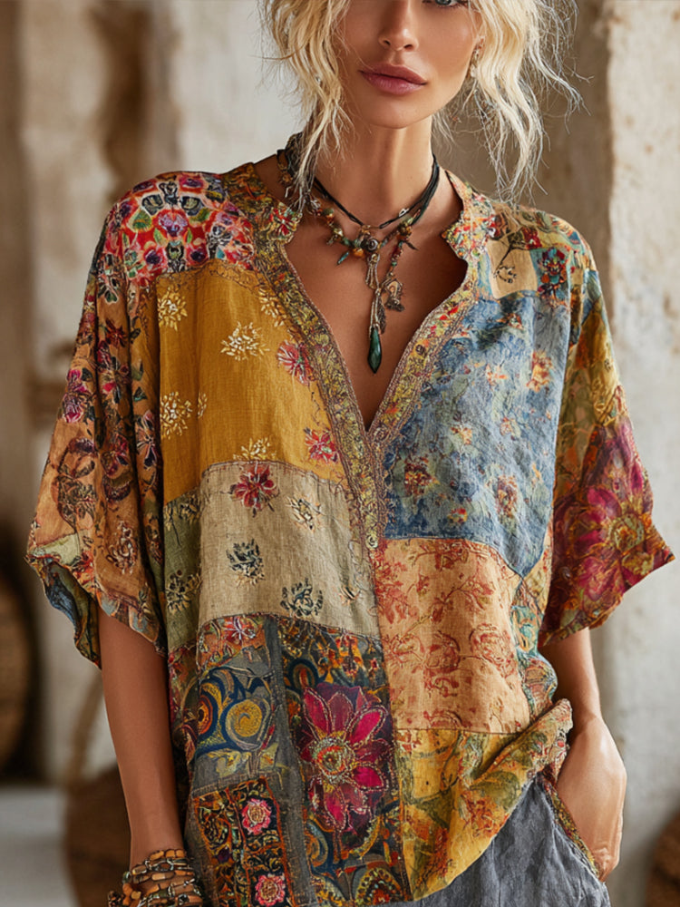 Bohemian Style Patchwork Print Vintage Tie-dye V-neck Short-sleeved Shirt