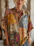 Bohemian Style Patchwork Print Vintage Tie-dye V-neck Short-sleeved Shirt