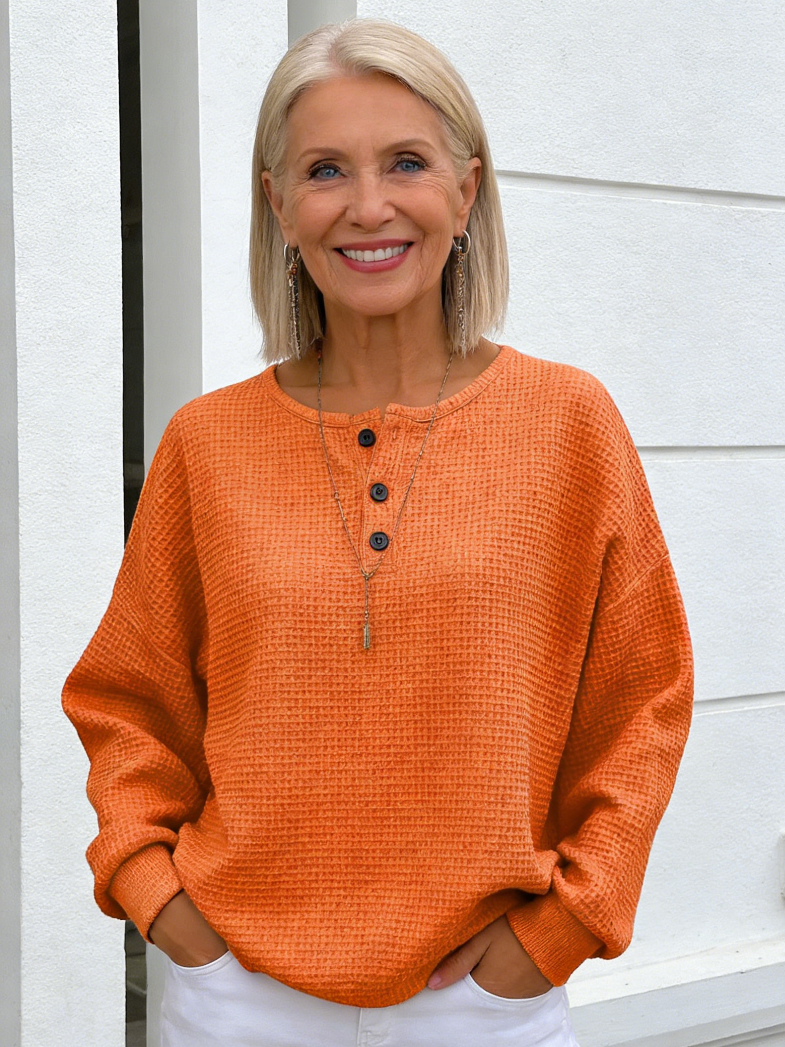 Crew Neck Waffle Solid Color Pullover Loose Top