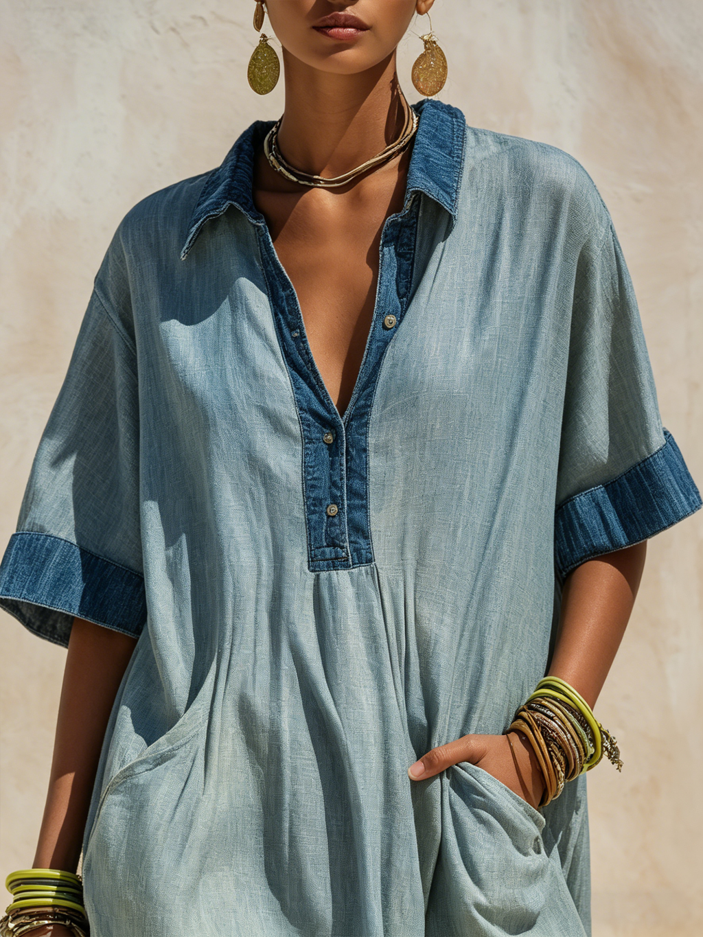 Oversized Denim Linen Maxi Dress - Breathable Two-Tone Casual Cover-Up