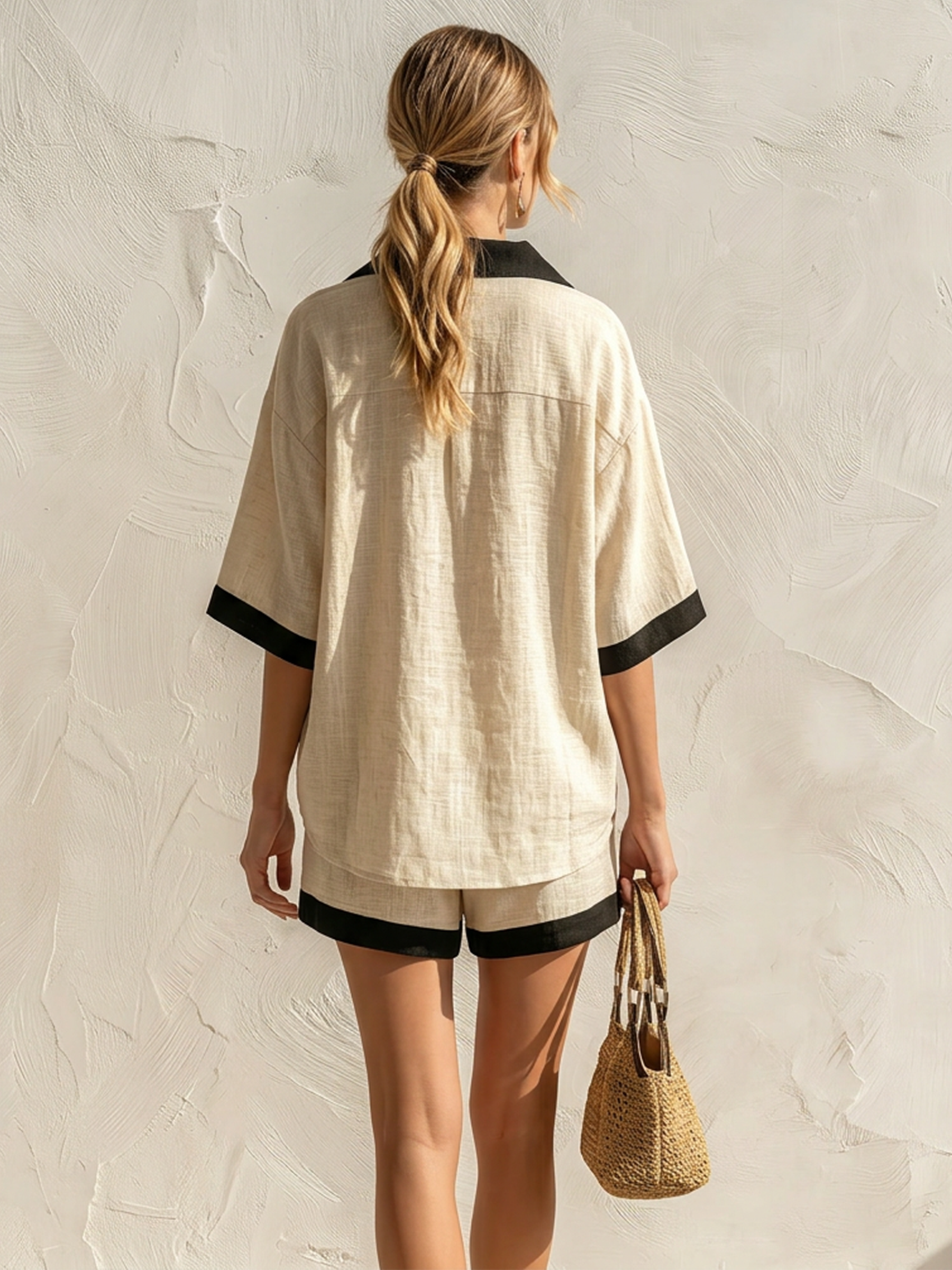 Beige Linen-Blend Contrast Trim Ruched Top & Drawstring Shorts Two-Piece Set
