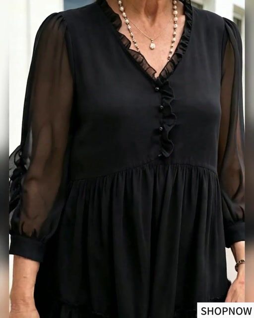Black French Retro Tiered Midi Dress, Ruffle V-Neck Sheer 3/4 Sleeve Loose Pleated Chiffon Dress for Mature Women
