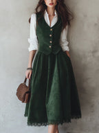 Cotton Vest (Shirt and Skirt Not Included), Sleeveless, V Neck, Plain, Button Design, Vintage, Green