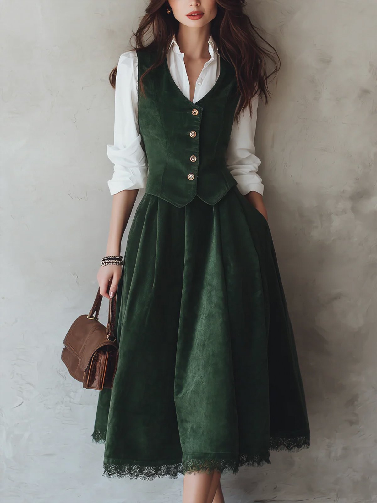 Cotton Vest (Shirt and Skirt Not Included), Sleeveless, V Neck, Plain, Button Design, Vintage, Green