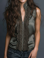 High Collar Olive Satin Lace Trim Sleeveless Blouse