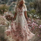 Women's Vintage Boho Pink Roses Floral Flowy Linen Maxi Dress