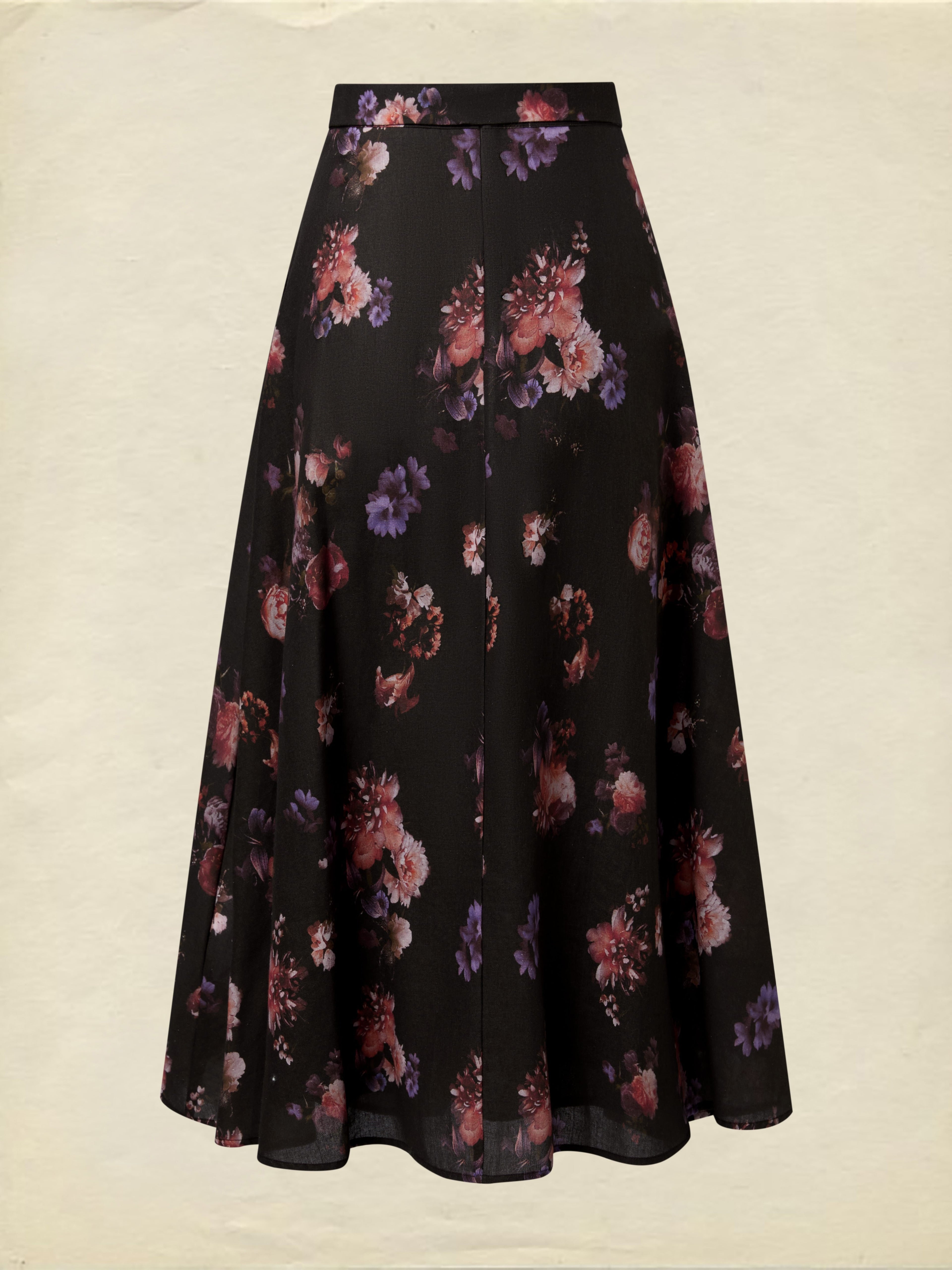 Maxi Cotton Skirt, Floral, Belt Design, Vintage, Black