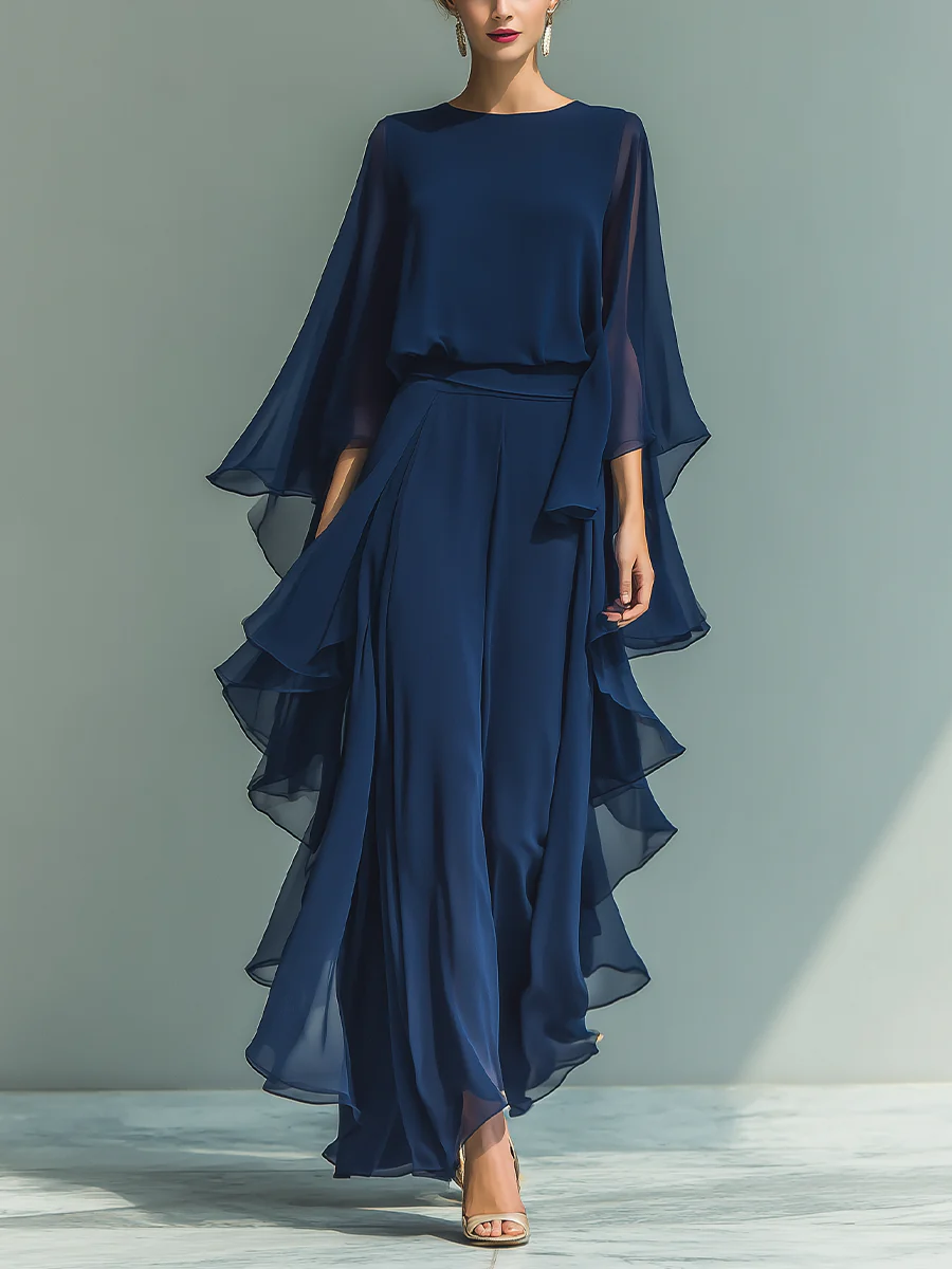 Elegant & Flowy Ruffled Shirt And Wide-leg Pants Two-piece Set