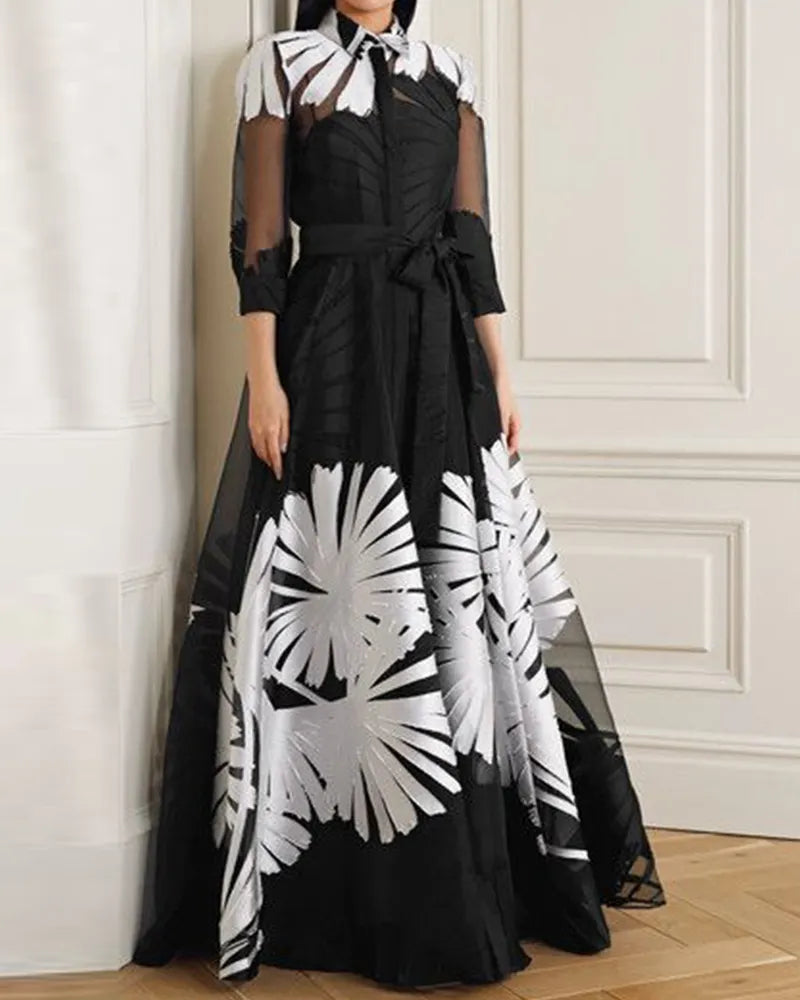 Shirt collar maxi dress organza print