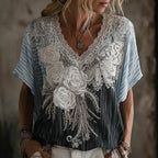 Butterfly Flower Embroidery Patchwork Striped Design Women's Summer Linen T-shirt