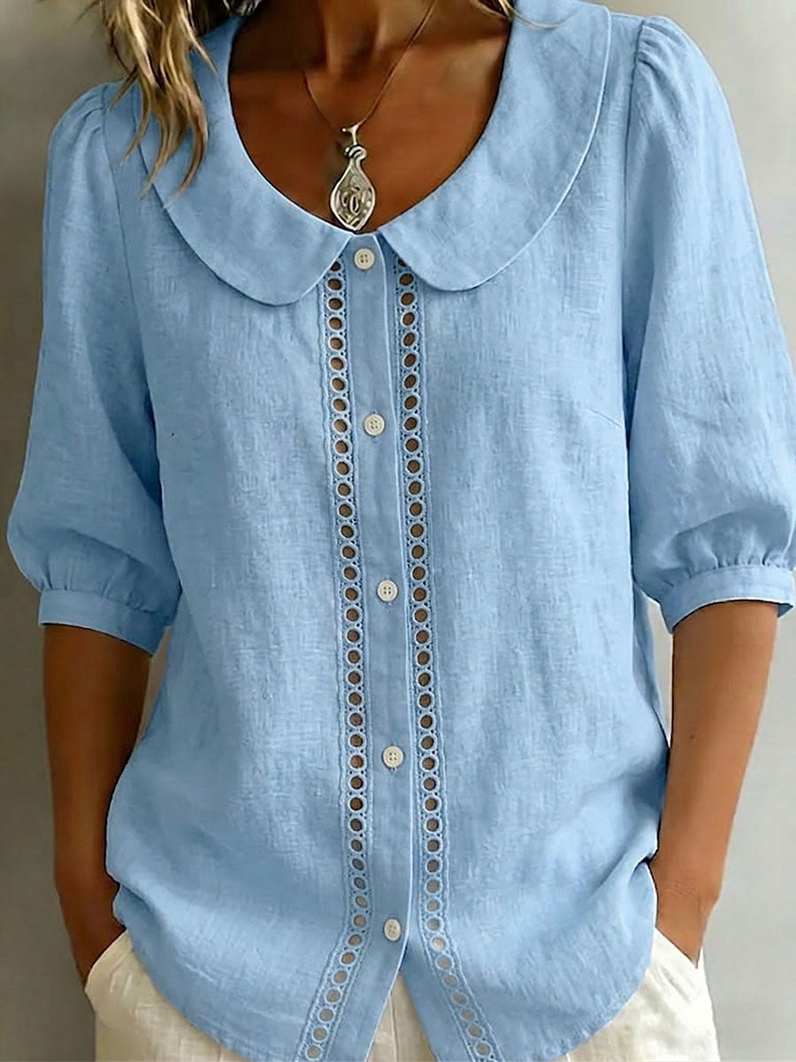 Women's Solid-color Peter Pan Collar 3/4-sleeve Casual Loose Cotton-linen Shirt