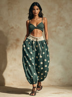 Teal Polka Dot High-Waisted Harem Pants With Drawstring Waist