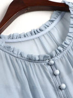 Light Blue Tiered Ruffle Chiffon Midi Dress, Round Neck Flutter Short Sleeve Loose Plus Size Elegant Women Dress