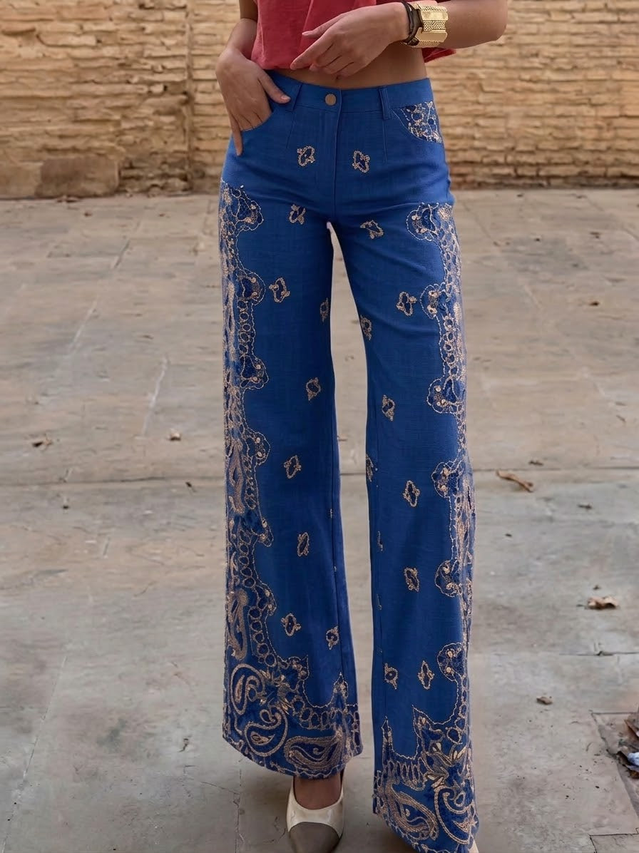 Casual Bohemian Paisley Print Cotton Pants