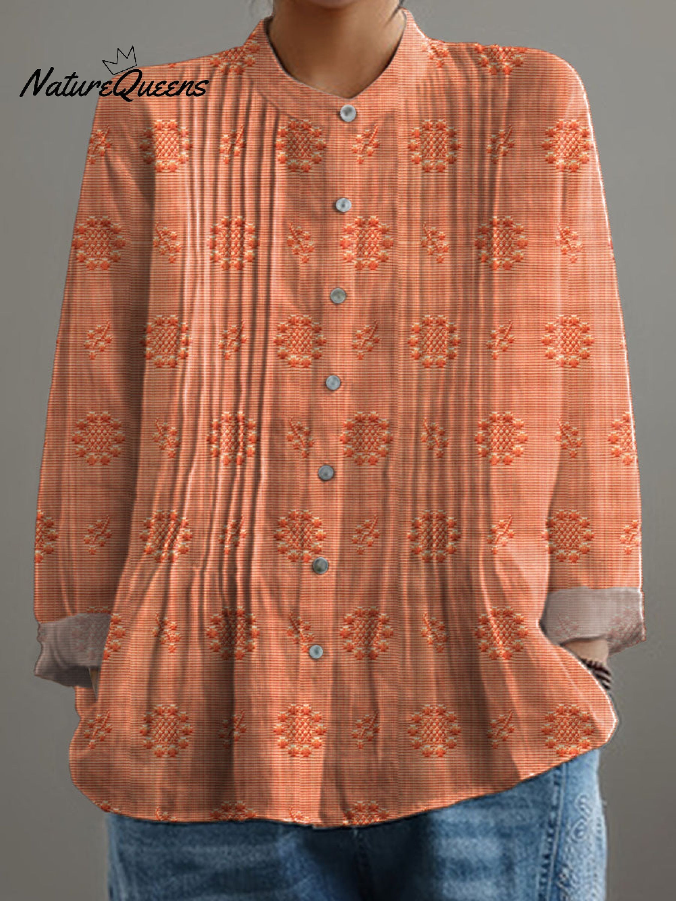 Women's Vintage Floral Art Print Casual Cotton And Linen Shirt