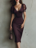 Elegant Striped Bodycon Midi Dress With Lace Trim
