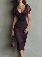 Elegant Striped Bodycon Midi Dress With Lace Trim