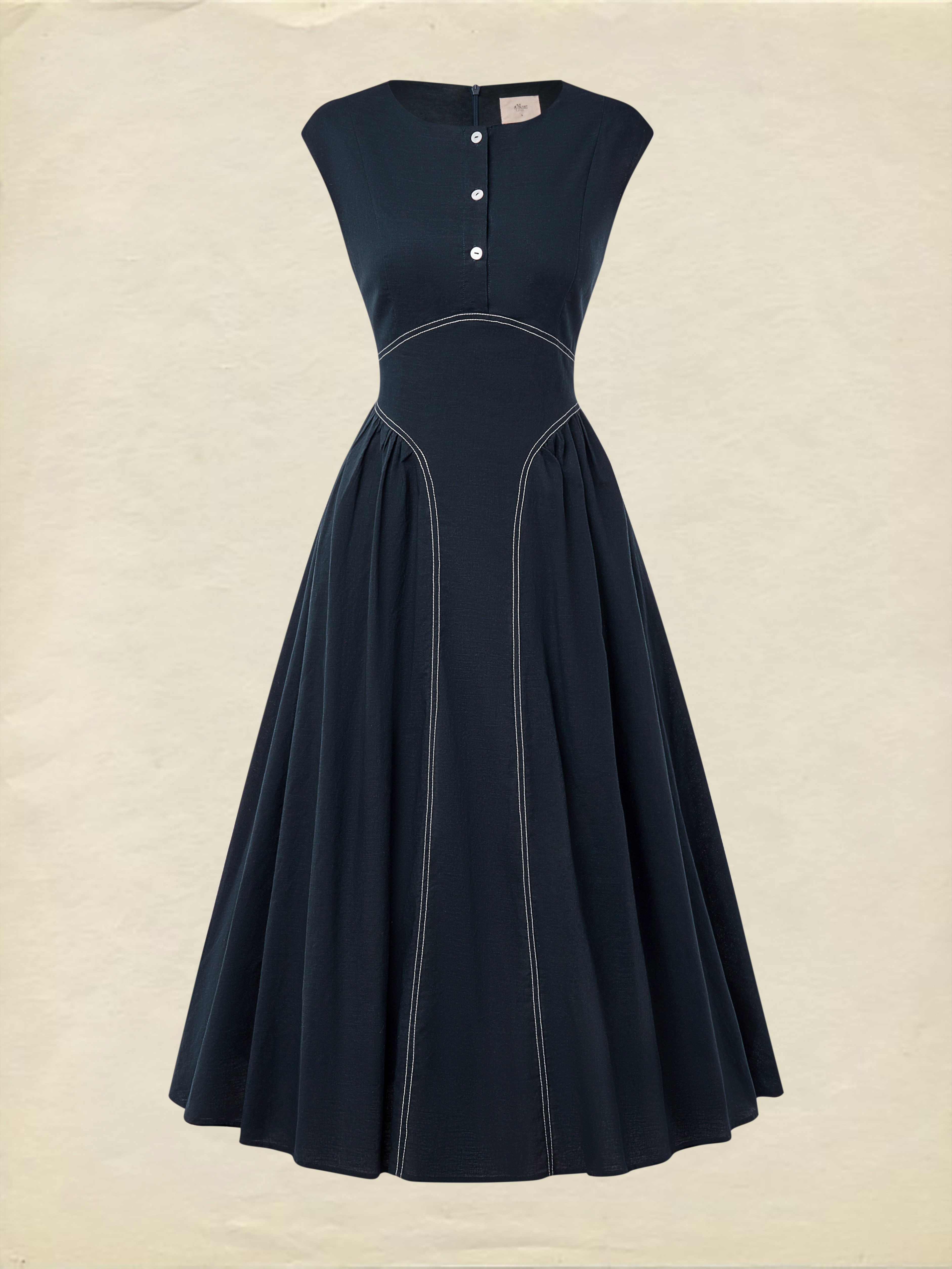 Maxi Linen Dress, Cap Sleeves, Crew Neck, Plain, Pocket Design, French Vintage, Blue