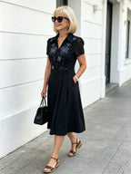 Brown Collared Sequin Embellished A-Line Midi Dress, Belted Waist Short Sleeve Elegant Dress for Mature Plus Size Women