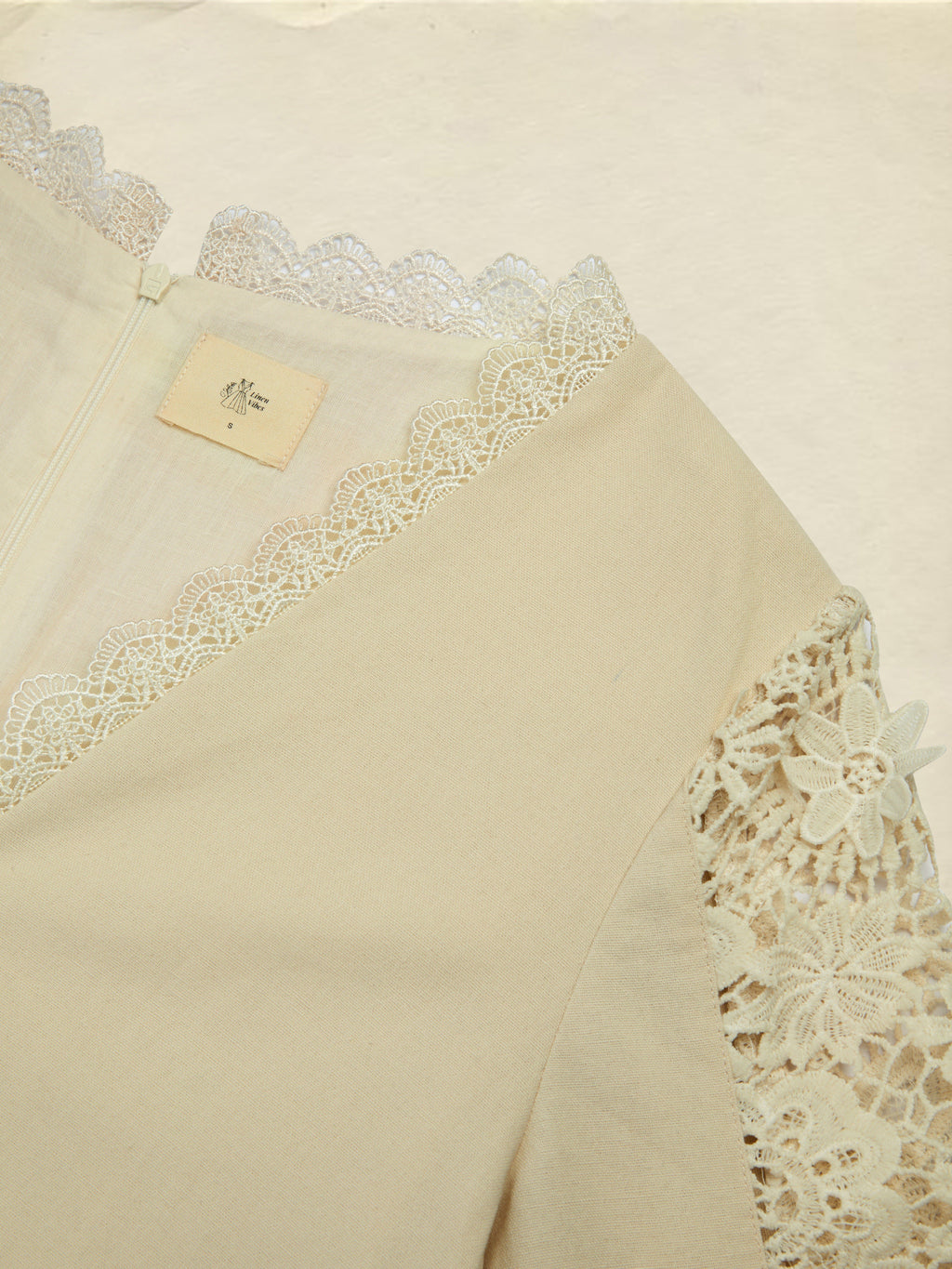 Midi Linen Dress, Long Sleeves, Plain, Lace, French Vintage, Apricot