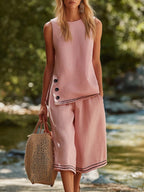 Casual Versatile Pink Cotton-Linen Crew-Neck Slits Top And Cropped Pants Set