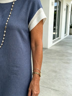 Textured Fabric Casual Contrast Twist Strip Short Sleeve Pocket Dress