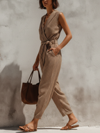 Striped Linen-Blend Sleeveless Wrap Jumpsuit With Waist Tie