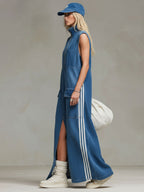 Stand-collar Zip-up Sleeveless Denim Maxi Dress