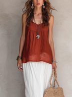 Caramel Sleeveless Top And White Slit Skirt Linen Suit