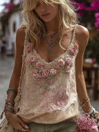Vintage Pink Rose Embroidery Linen Comfy Camisole