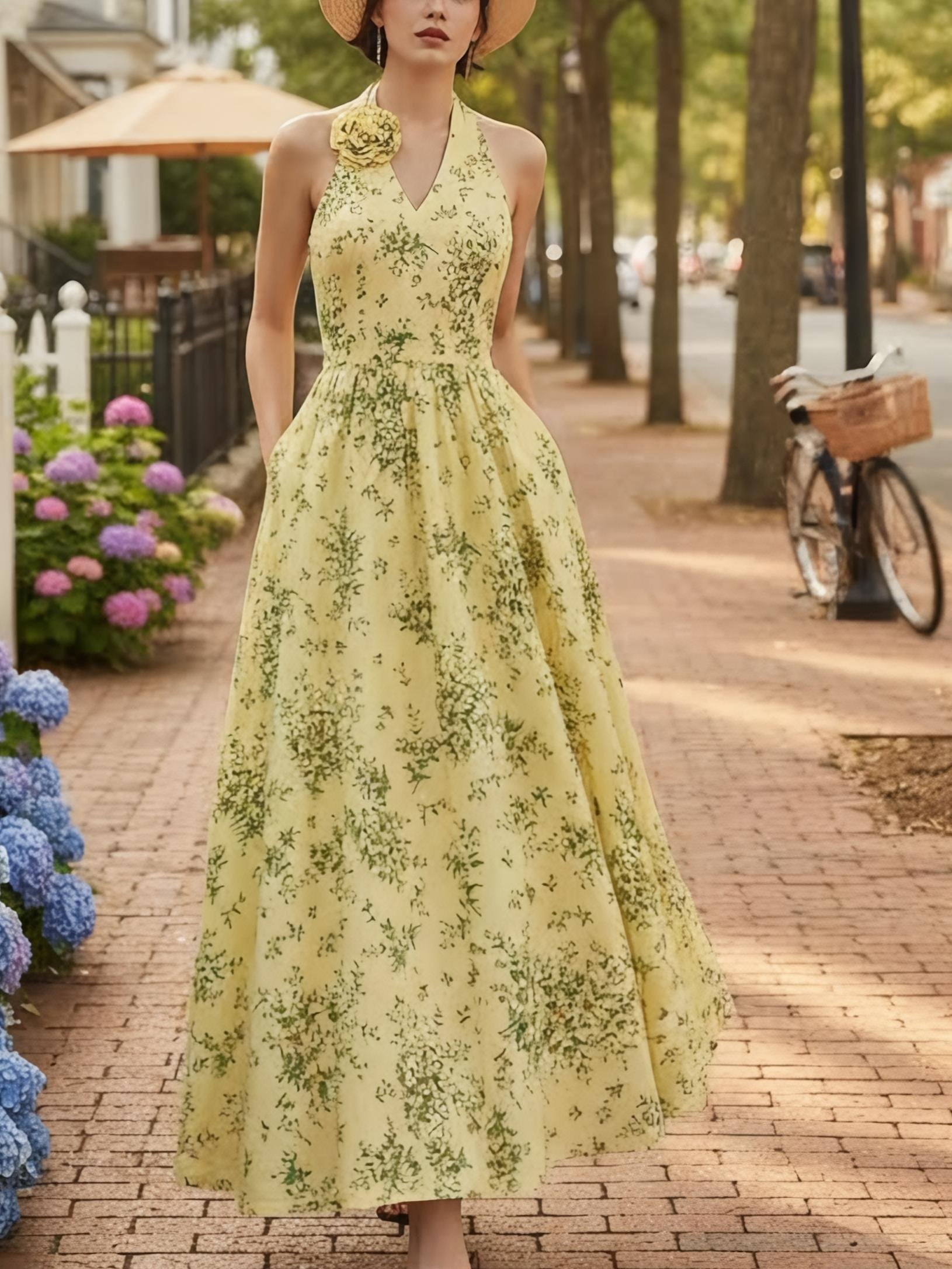 Maxi Cotton Dress, Sleeveless, V Neck, Floral, 3D Floral (Detachable), Vacation, Vintage, Yellow