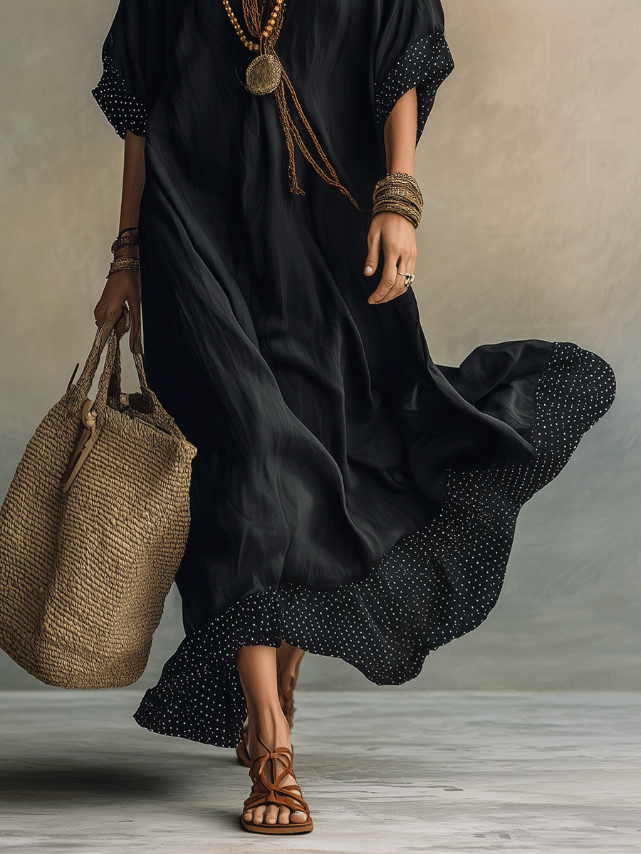 Bohemian Sheer Panel Flowing Maxi Dress In Black
