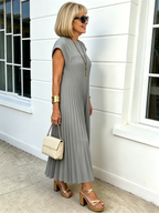 Elastic Dress Women's Elegant Fashion Crew Neck Sleeveless Pleated Long Dress
