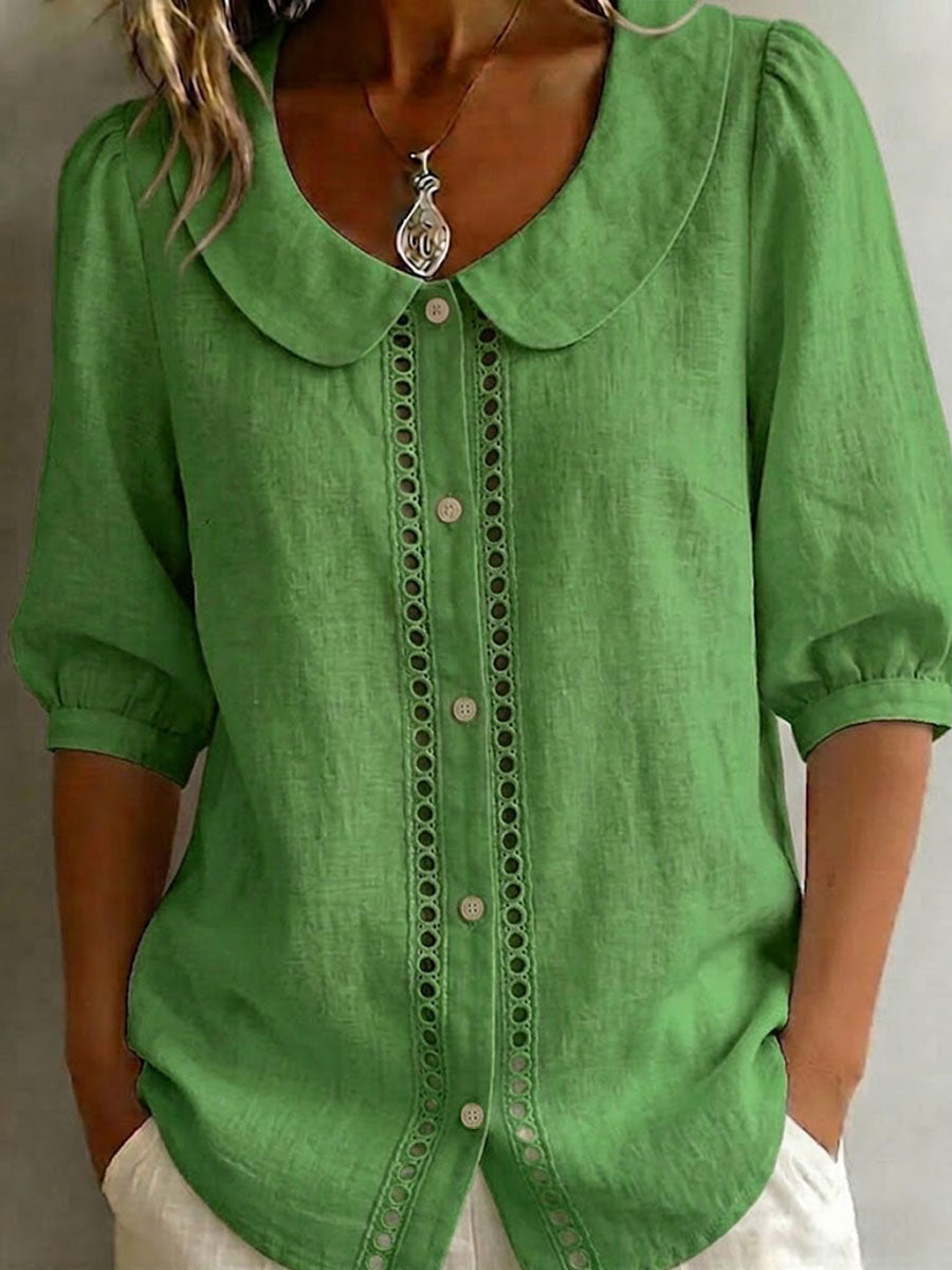 Women's Solid-color Peter Pan Collar 3/4-sleeve Casual Loose Cotton-linen Shirt