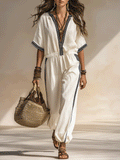 Chic Contrast Trim Boho Jumpsuit With Wide Legs