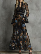Bohemian Lace Trim Black Floral Chiffon Maxi Dress