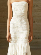 White Knit Strapless Dress with Fringe Hem