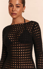 Black Crochet Long Sleeve Mini Beach Dress