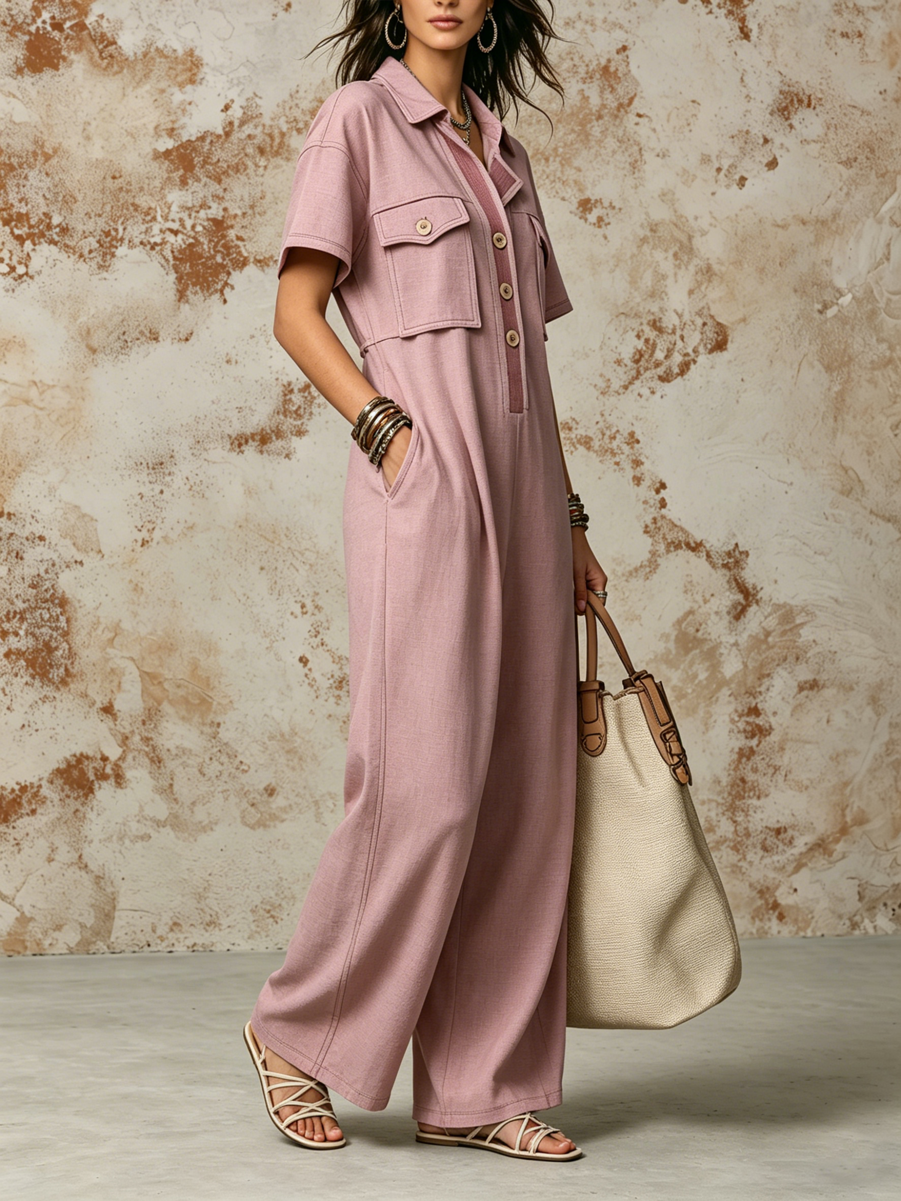 Dusty Pink Linen-Blend Utility Pocket Wide-Leg Jumpsuit
